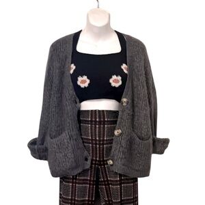 Zara Knitwear Fancy Collection V-Neck Button  Olive Gray Cropped Knit Cardigan